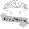 Silver rhinestone birthday crown and glitter sash set with a 30 and fabulous banner