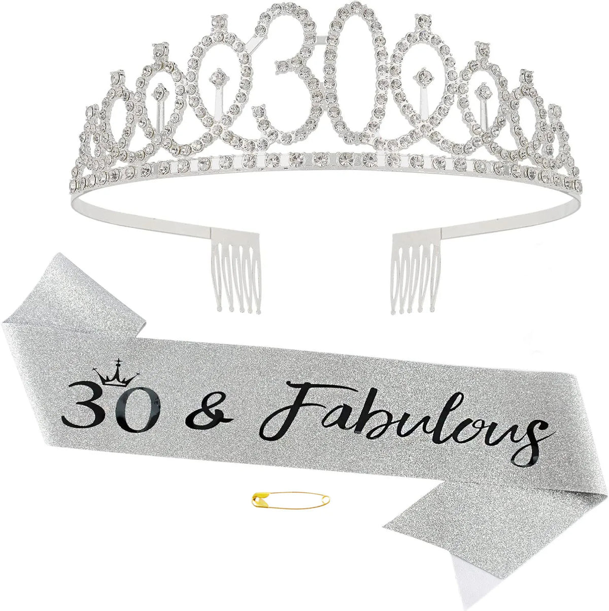 Silver rhinestone birthday crown and glitter sash set with a 30 and fabulous banner
