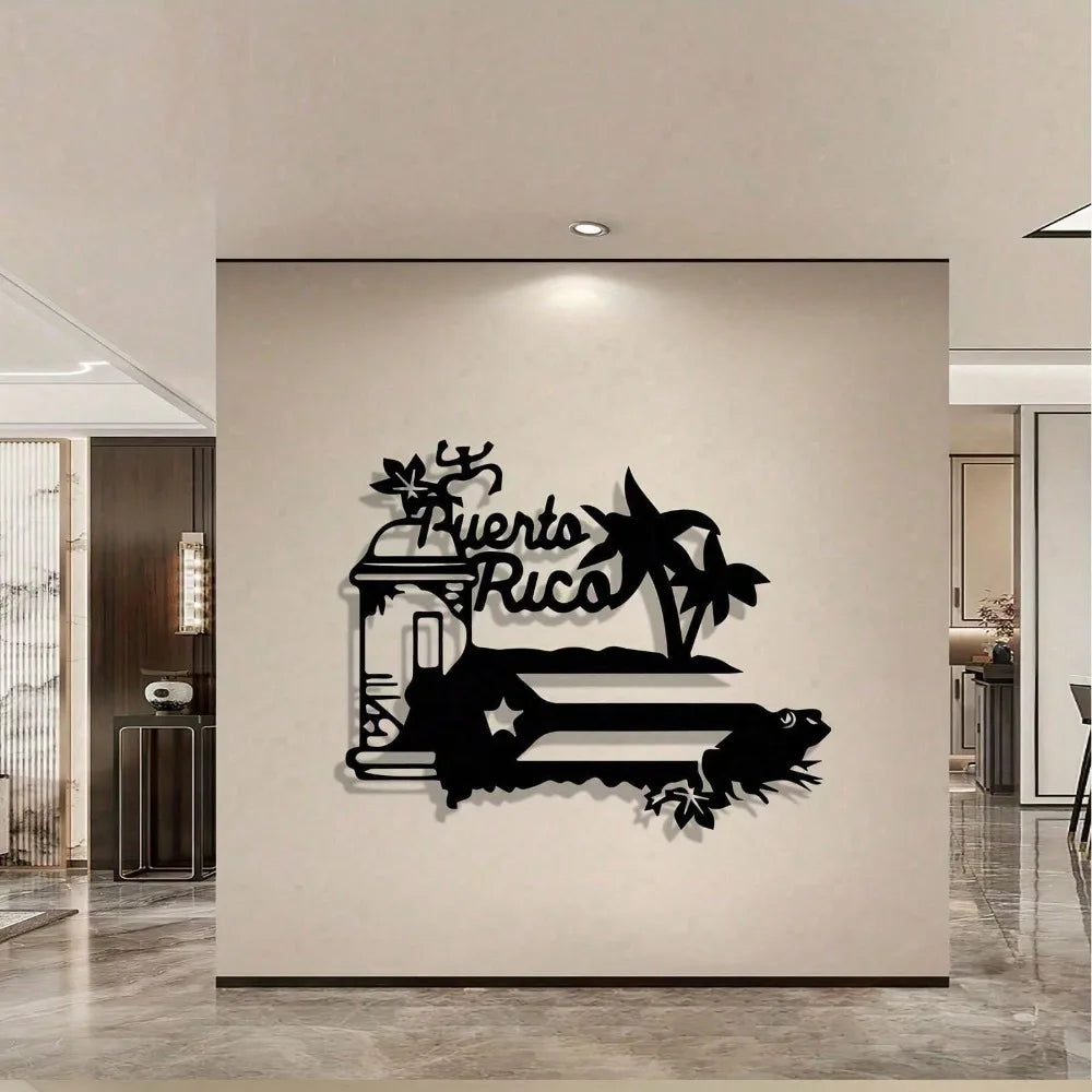 A black silhouette wall hanging featuring the text Puerto Rico and palm trees mounted on a light gray wall.