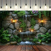 A wall hanging tapestry featuring a stone waterfall cascading over greenery and mossy rocks.