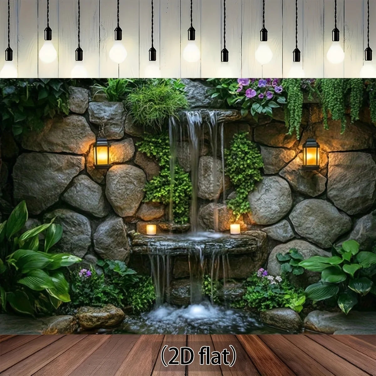 A wall hanging tapestry featuring a stone waterfall cascading over greenery and mossy rocks.