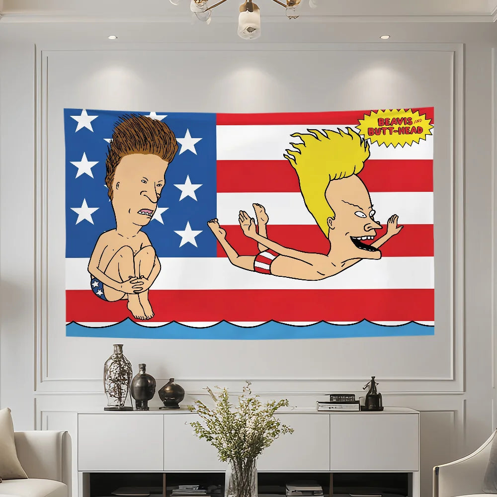 A large flag featuring Beavis and Butt-Head characters in a patriotic design for decor