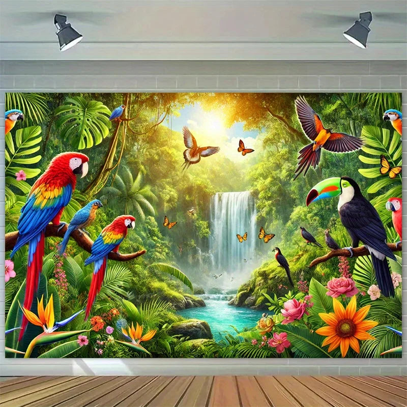 A vibrant photo backdrop banner featuring lush tropical foliage, waterfalls, and colorful birds.