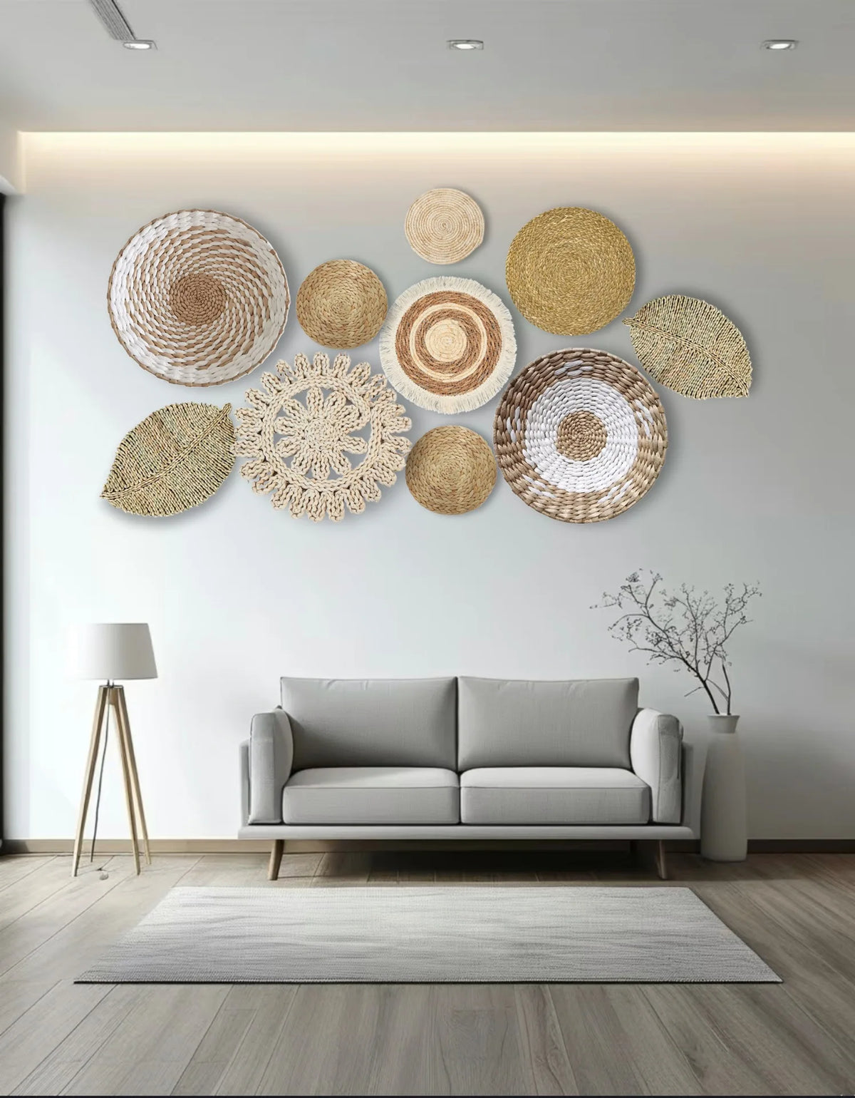 A gallery wall featuring various round woven straw and natural fiber wall hangings on a white wall.