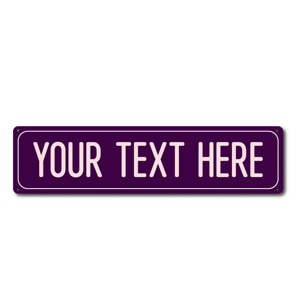 A purple rectangular metal street sign with the text YOUR TEXT HERE in white capital letters.