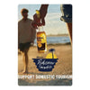 A glass of Corona Extra beer being held, with a yellow citrus garnish, set against a blurred outdoor background.