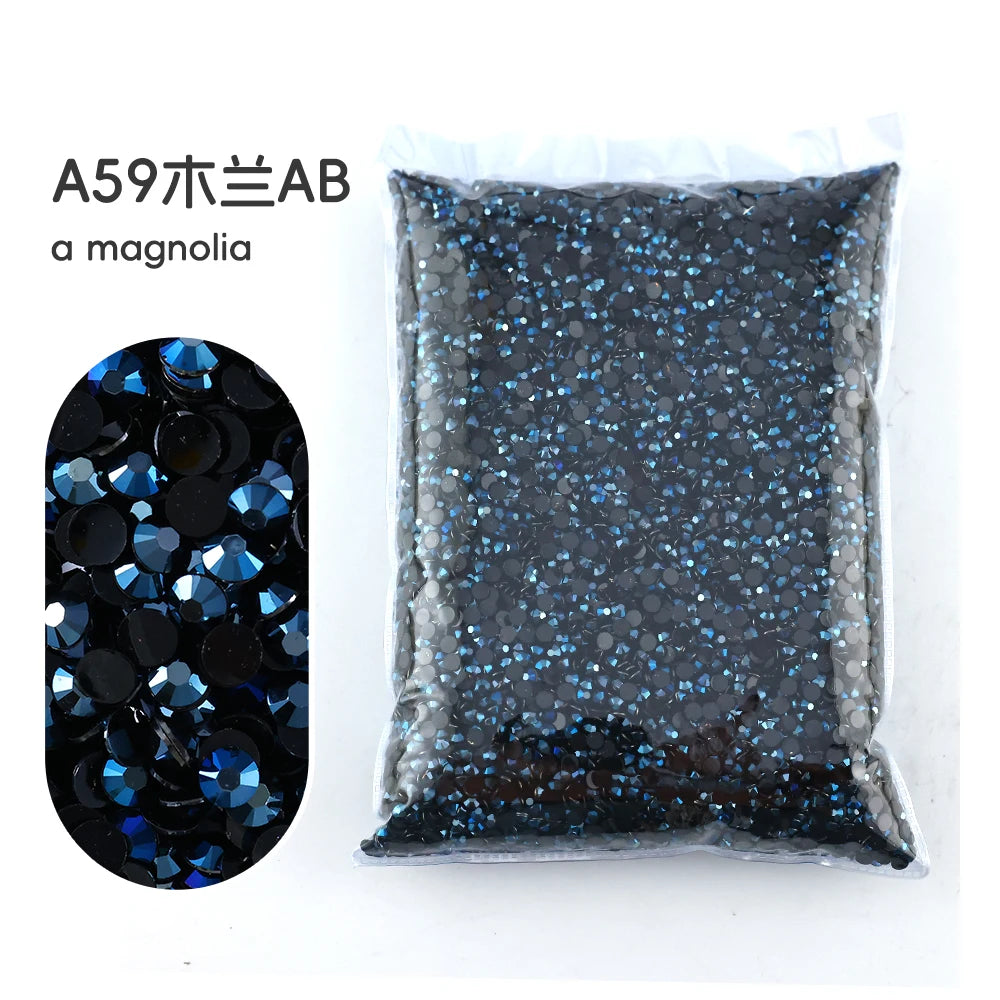 A59 Magnolia AB resin rhinestones in a dark gray glitter powder packaged in a clear plastic bag