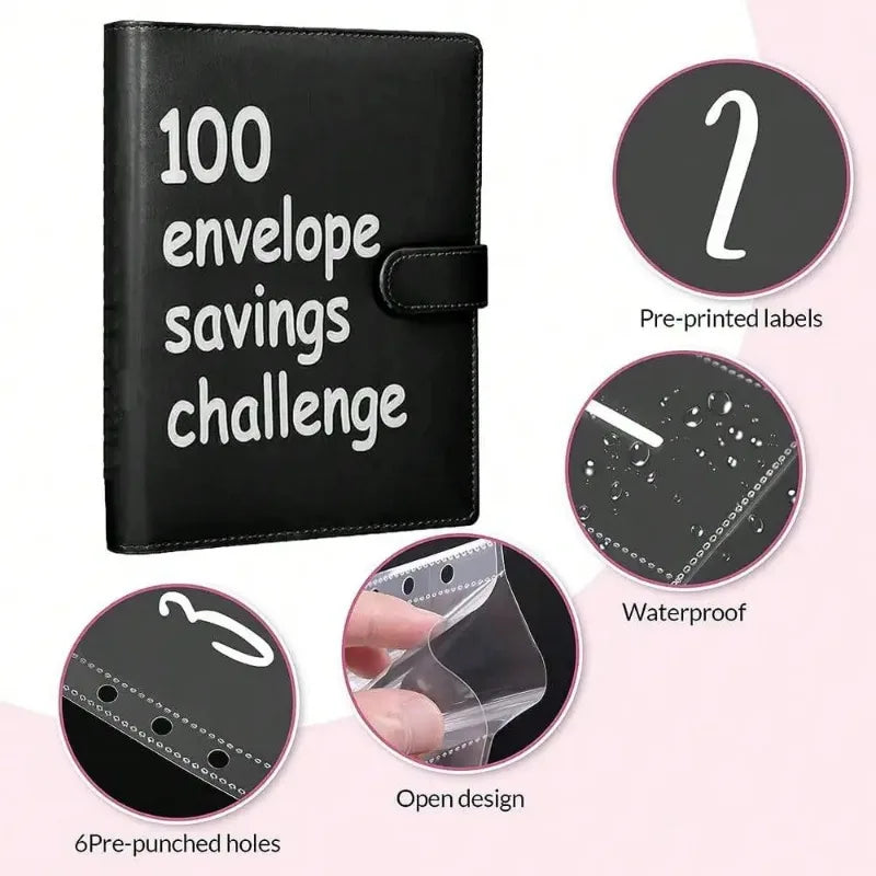 Black leather envelope savings challenge wallet with pre-printed labels and waterproof features