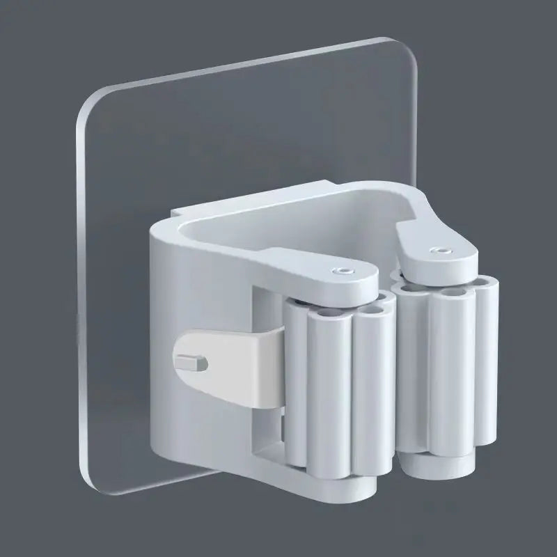 A white adhesive wall hook designed to hold mops and brushes.