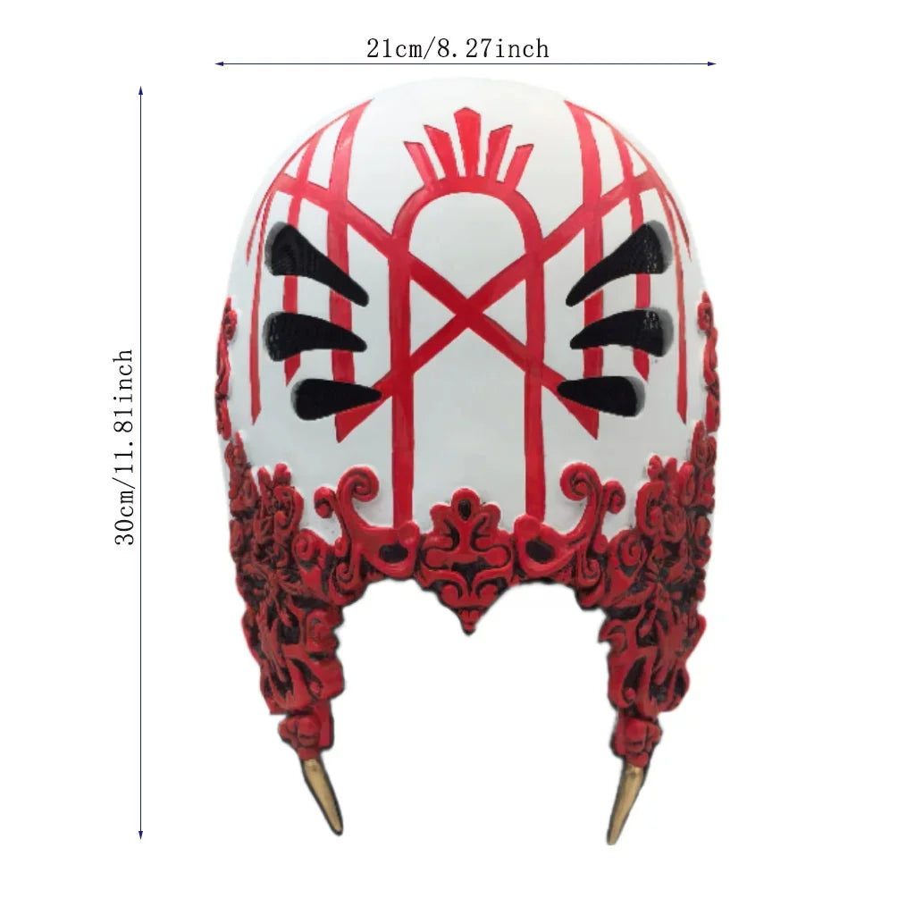 White sleep mask featuring a red tribal design and a red floral border for cosplay or party use