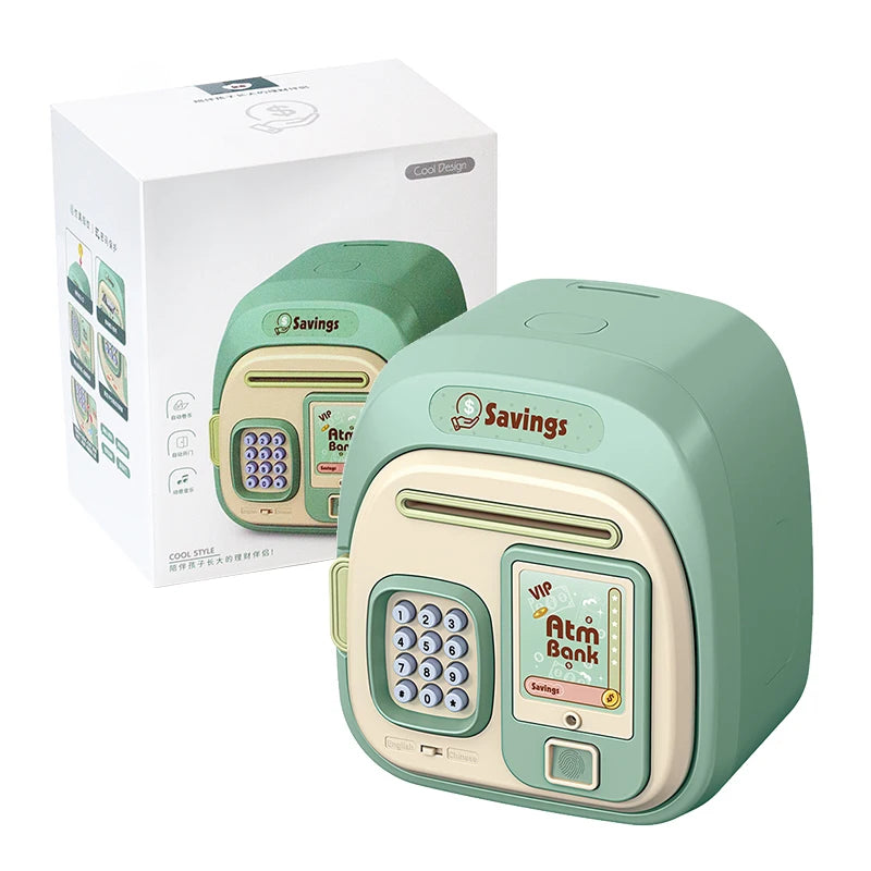 A light green fingerprint password piggy bank for kids is shown next to its packaging box.