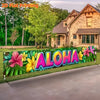 A vibrant tropical floral banner with the word ALOHA featuring pink, yellow, and green leaves and flowers for outdoor decor.