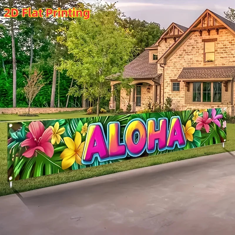 A vibrant tropical floral banner with the word ALOHA featuring pink, yellow, and green leaves and flowers for outdoor decor.