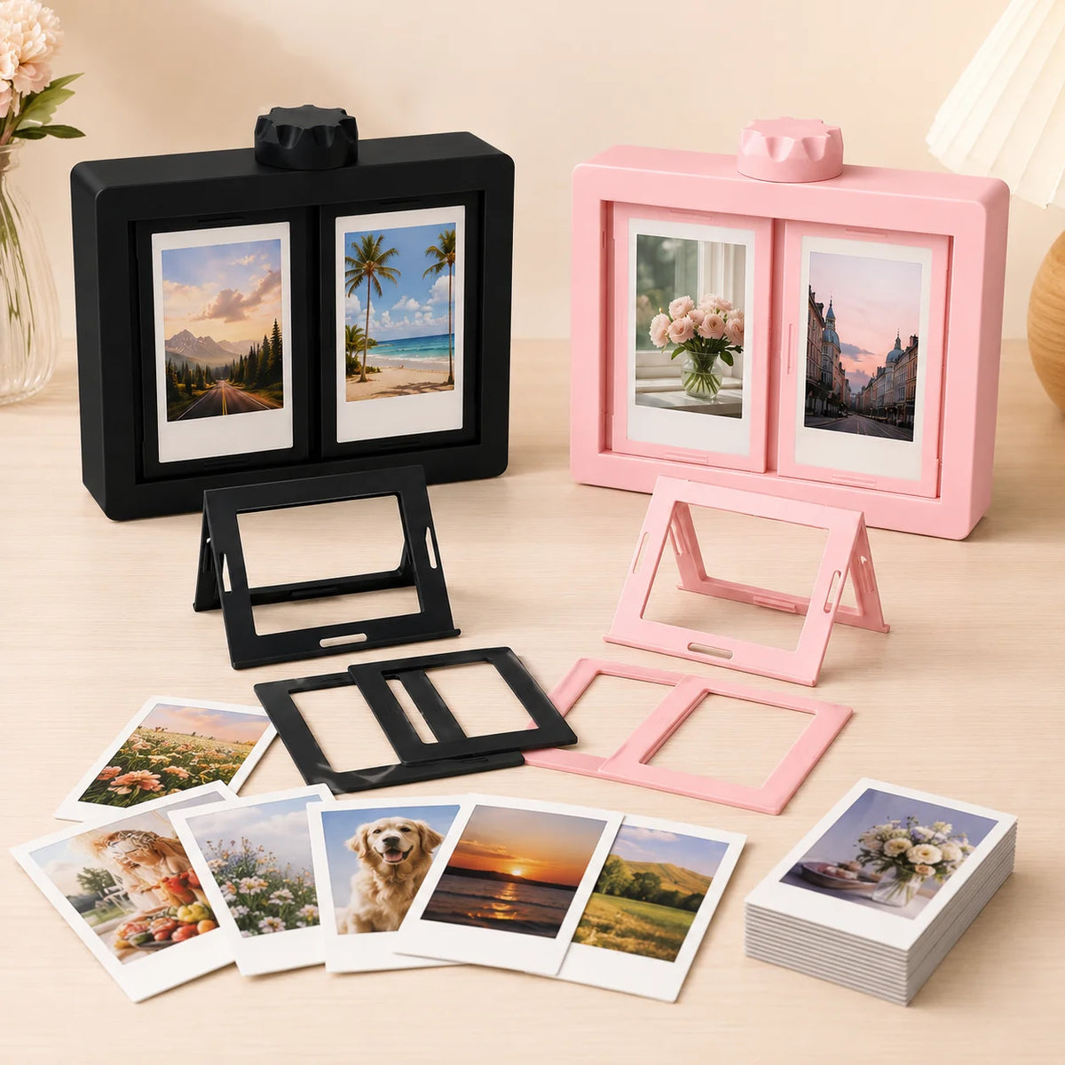 A pink and black 3D rotating photo frame set displayed on a wooden surface.
