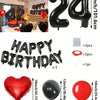 A set of red and black foil number balloons, heart shaped balloons, and round balloons for birthday decorations.