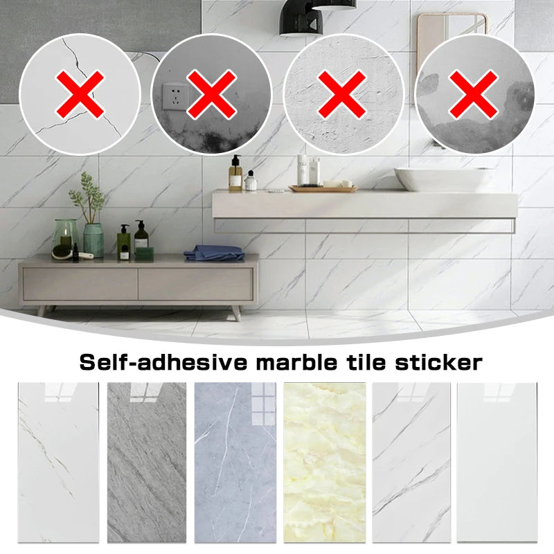 Self-adhesive marble tile stickers showing various marble patterns for wall decoration