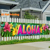 A colorful banner with the word ALOHA in large letters surrounded by tropical flowers for outdoor decor.