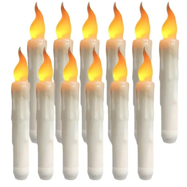 A set of white flamed LED taper candles with a remote timer.