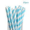 A collection of 25 white and light blue striped paper straws in a clear glass container.