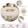 Vintage floral tablecloth in beige with rose and daisy print featuring scalloped edges and wrinkle-free design