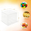 Clear PET favor boxes with ribbons and tags shown alongside candy, chocolate, and macaron samples.