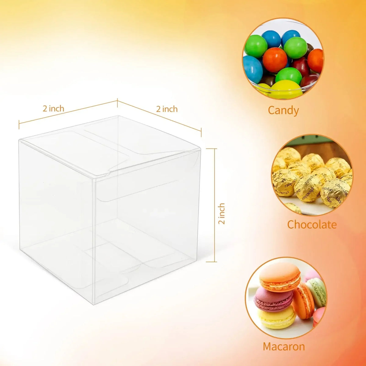 Clear PET favor boxes with ribbons and tags shown alongside candy, chocolate, and macaron samples.