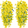 Two bunches of yellow artificial morning glory flowers with green eucalyptus leaves hanging decor