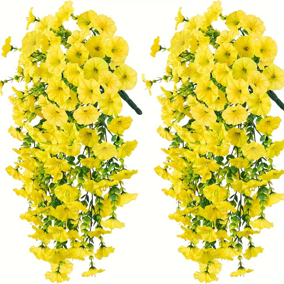 Two bunches of yellow artificial morning glory flowers with green eucalyptus leaves hanging decor
