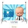 A banner featuring a cartoon baby with blonde hair and a white shirt, celebrating a happy birthday for Boss Baby.