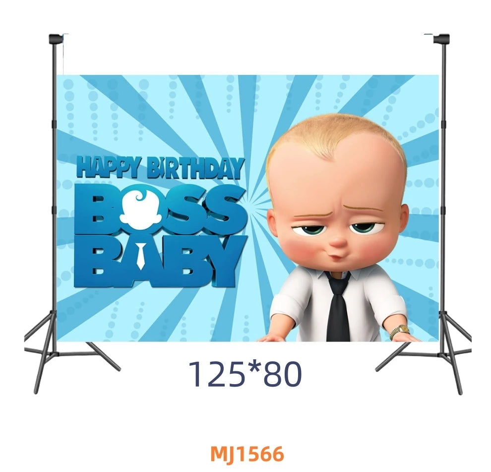 A banner featuring a cartoon baby with blonde hair and a white shirt, celebrating a happy birthday for Boss Baby.