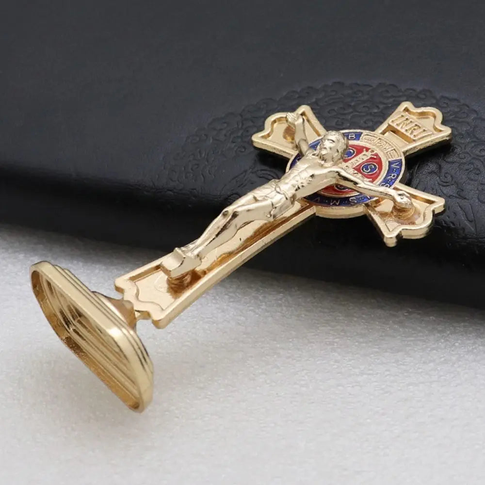 Golden Crucifix Figurine with Enamel Accents