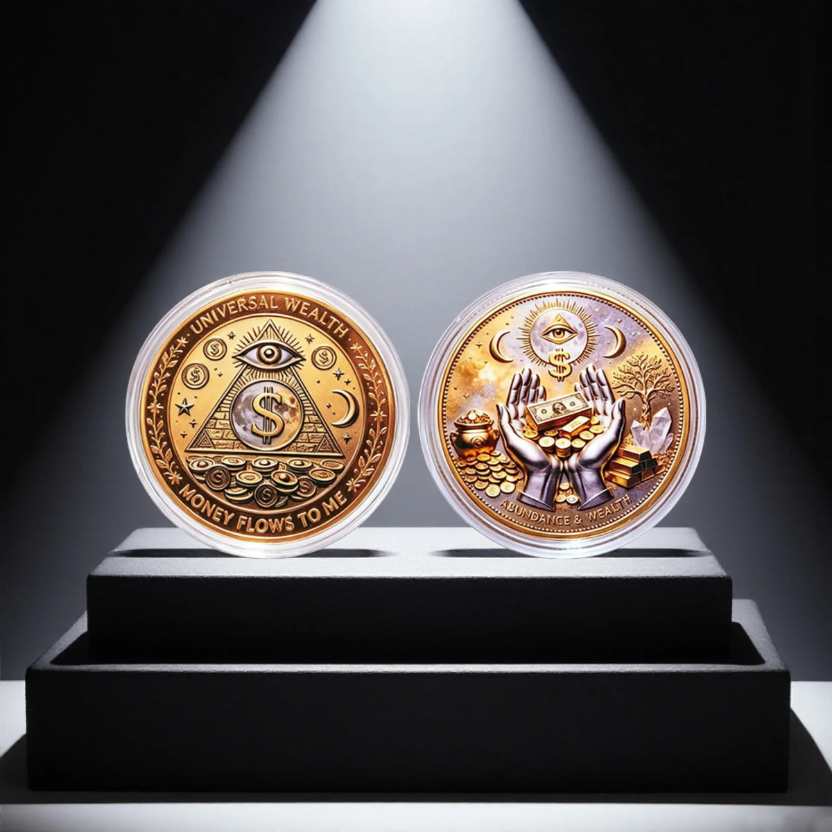 A gold commemorative coin featuring the Eye of God symbol and various monetary symbols, displayed on a dark pedestal.