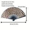 A leopard print folding hand fan shown with dimensions of 42cm long, 24cm wide, and 2cm high.