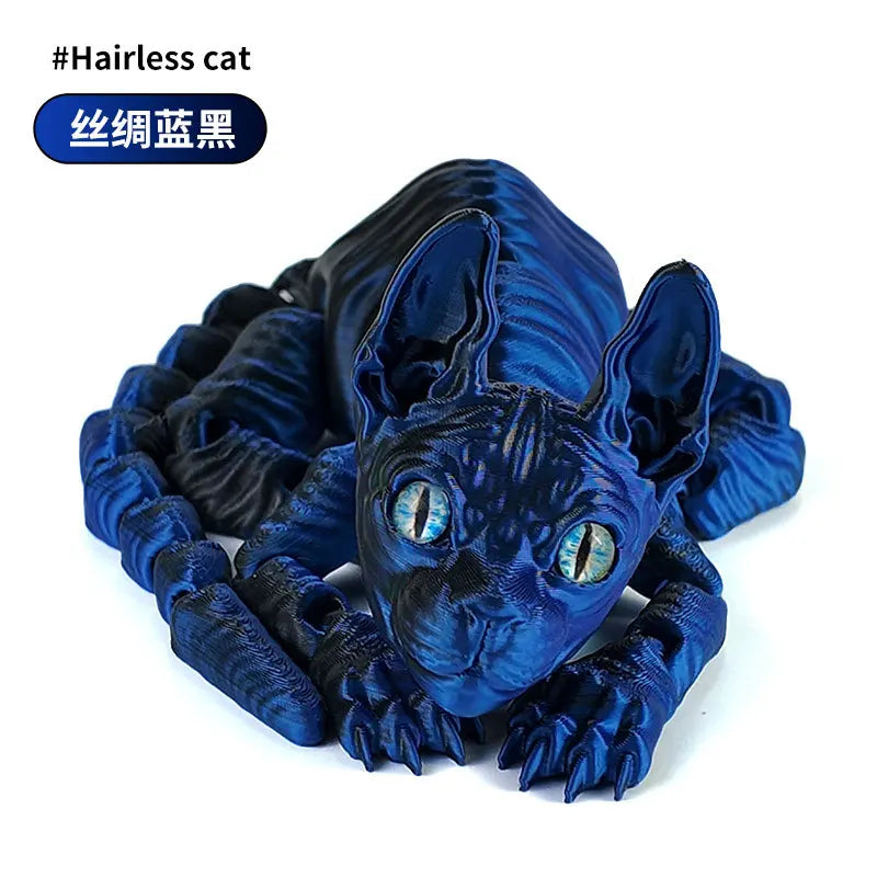 A dark blue articulated figurine of a hairless cat with large ears and expressive eyes.