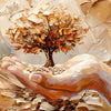 Une main tient un petit arbre, peint en or et brun texturé sur toile.