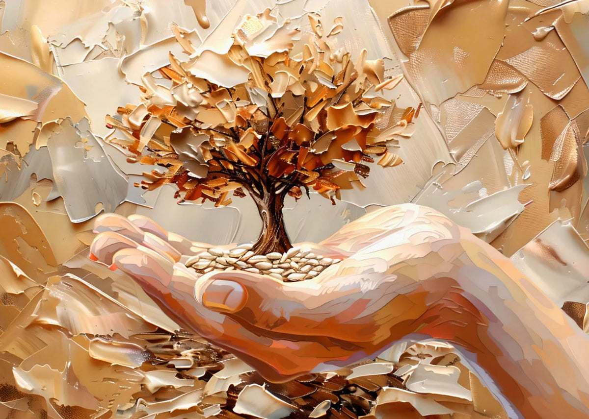Une main tient un petit arbre, peint en or et brun texturé sur toile.