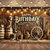 A rustic wooden backdrop featuring a cowboy theme with cacti, leather boots, and vintage decor for a birthday party.