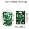 A set of ten green plastic handbags or gift bags designed for a soccer party supplies theme.