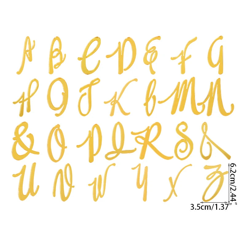 A set of gold acrylic alphabet and numeral cake toppers for decoration