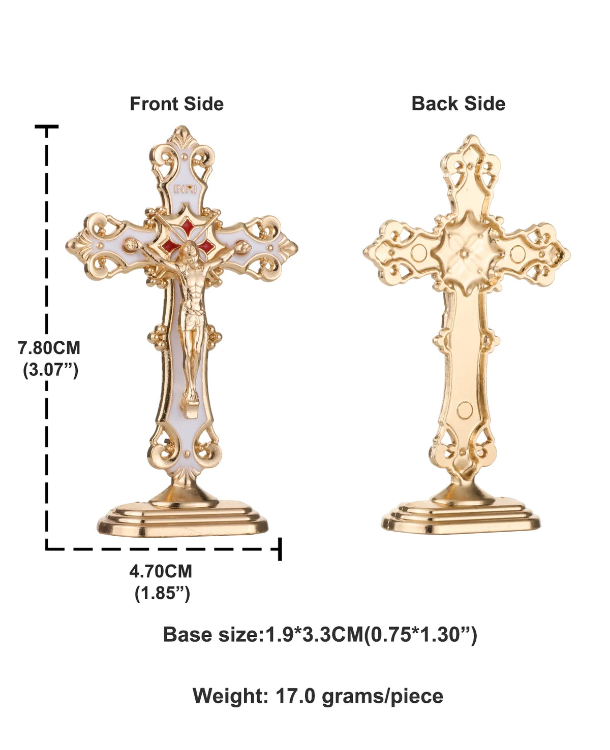 A gold-colored metal crucifix desk cross with a self-adhesive base shown from the front and back sides.