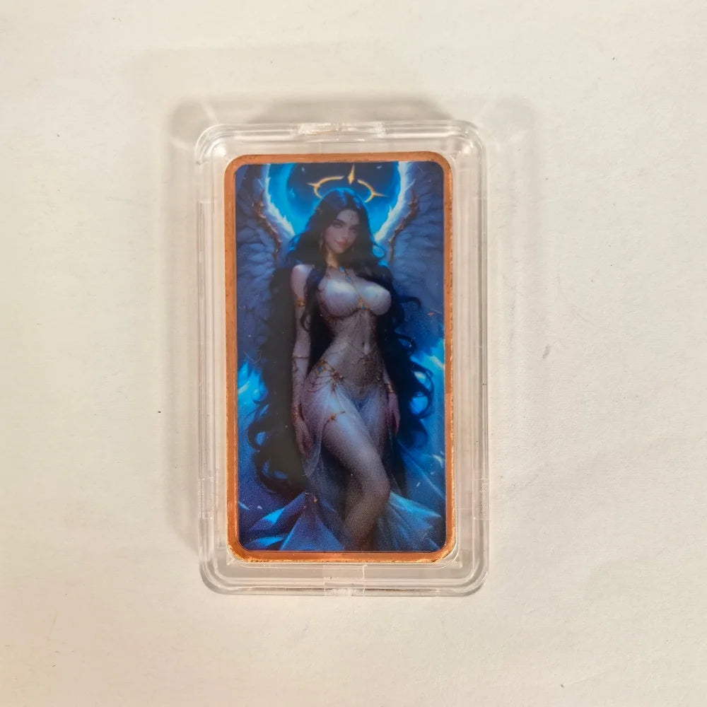 A fantasy art bar featuring a female figure with blue and purple lighting inside a protective clear case.