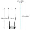 A clear glass tumbler with a flexible drinking straw inserted, shown alongside dimension lines.