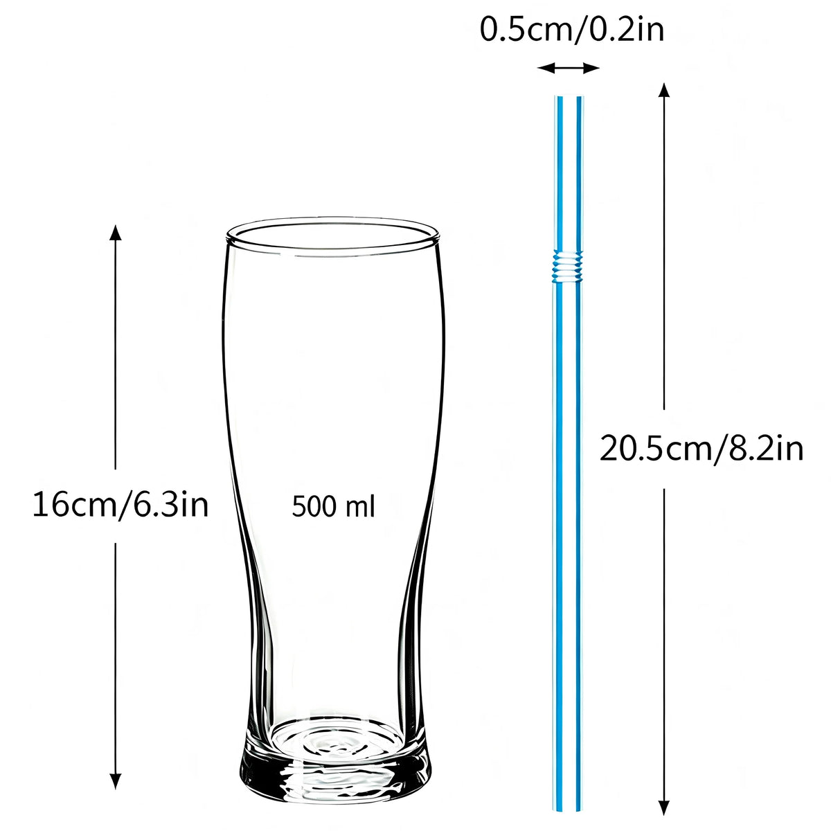 A clear glass measuring cup with a 500 ml capacity and an attached flexible drinking straw.