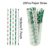 A glass jar filled with 25 pieces of paper straw in a green and white soccer theme for party supplies.