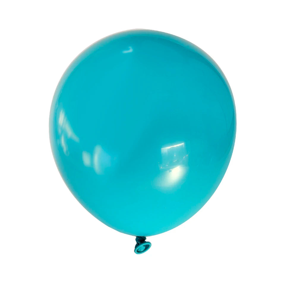 A single, bright turquoise latex balloon floating against a white background.