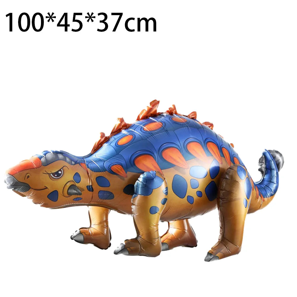 A realistic inflatable dinosaur toy in blue and orange colors.