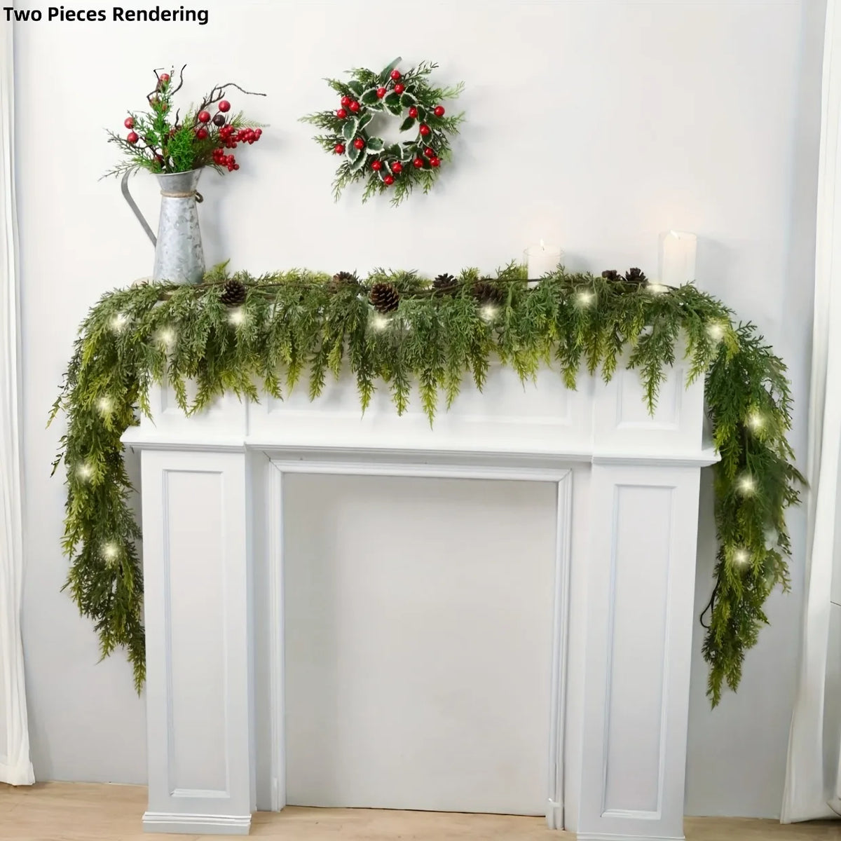 A green pine vine wreath is displayed on a white mantelpiece decorated with greenery and holiday accents.