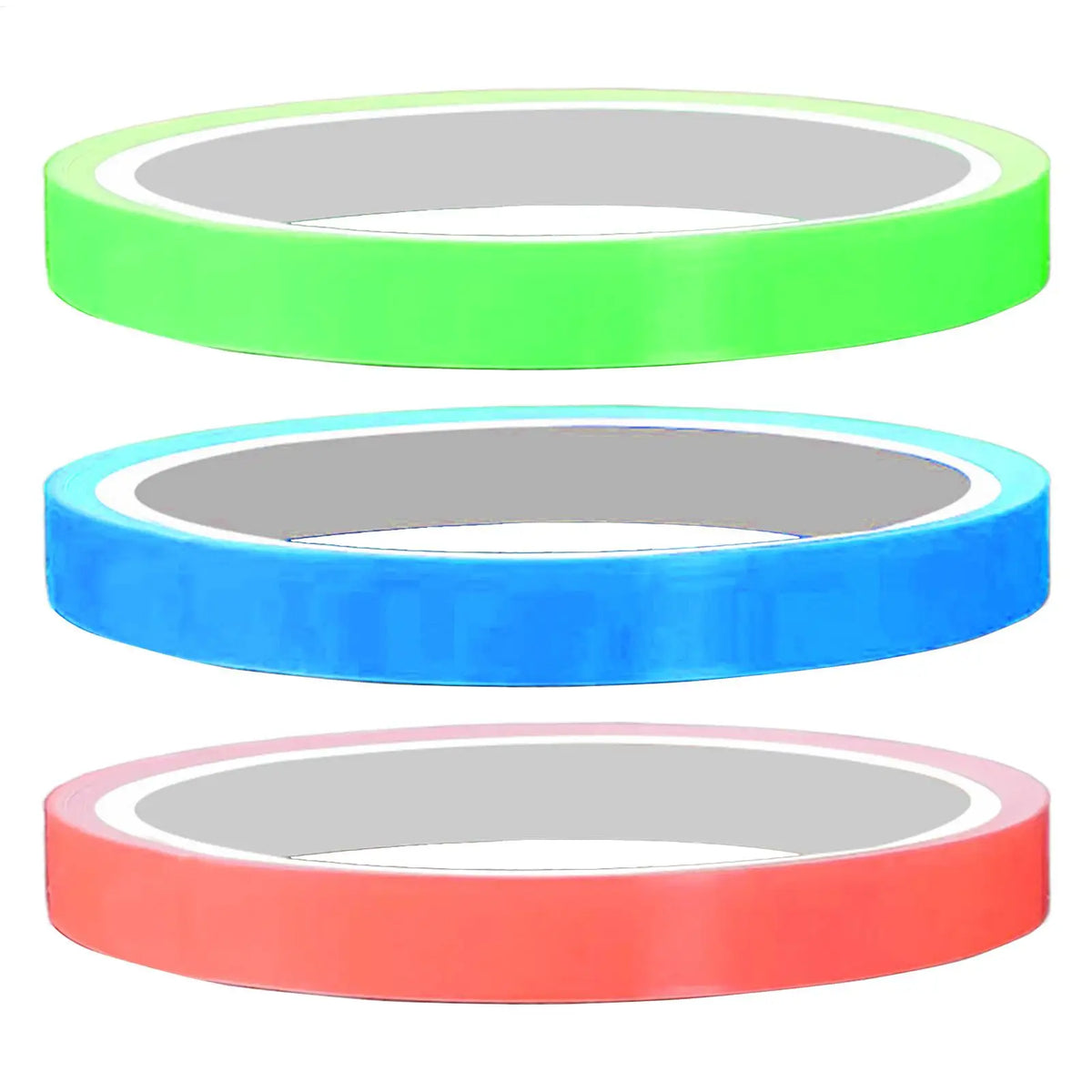 Three rings of glow-in-the-dark safety warning tape in green, blue, and red.