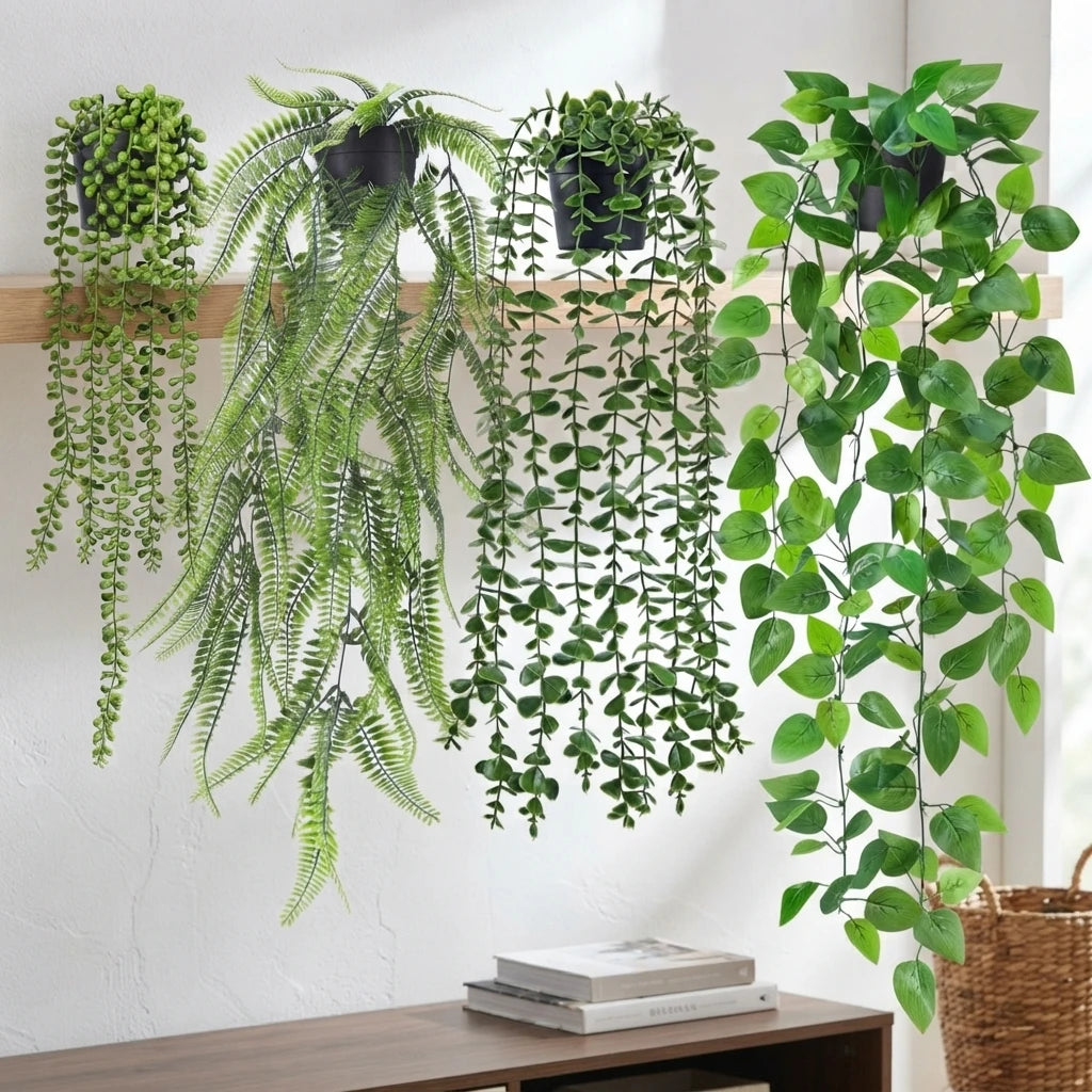 A set of four realistic hanging artificial ivy vines with green foliage displayed on a wooden shelf.