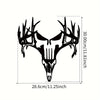 A black metal deer head wall sculpture with antlers and facial features, shown with dimensions.